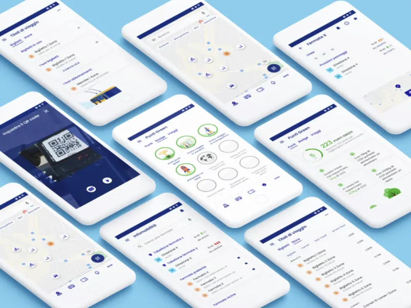 Schermate dell'app Quick In per il trasporto pubblico, primo progetto del team, 2019