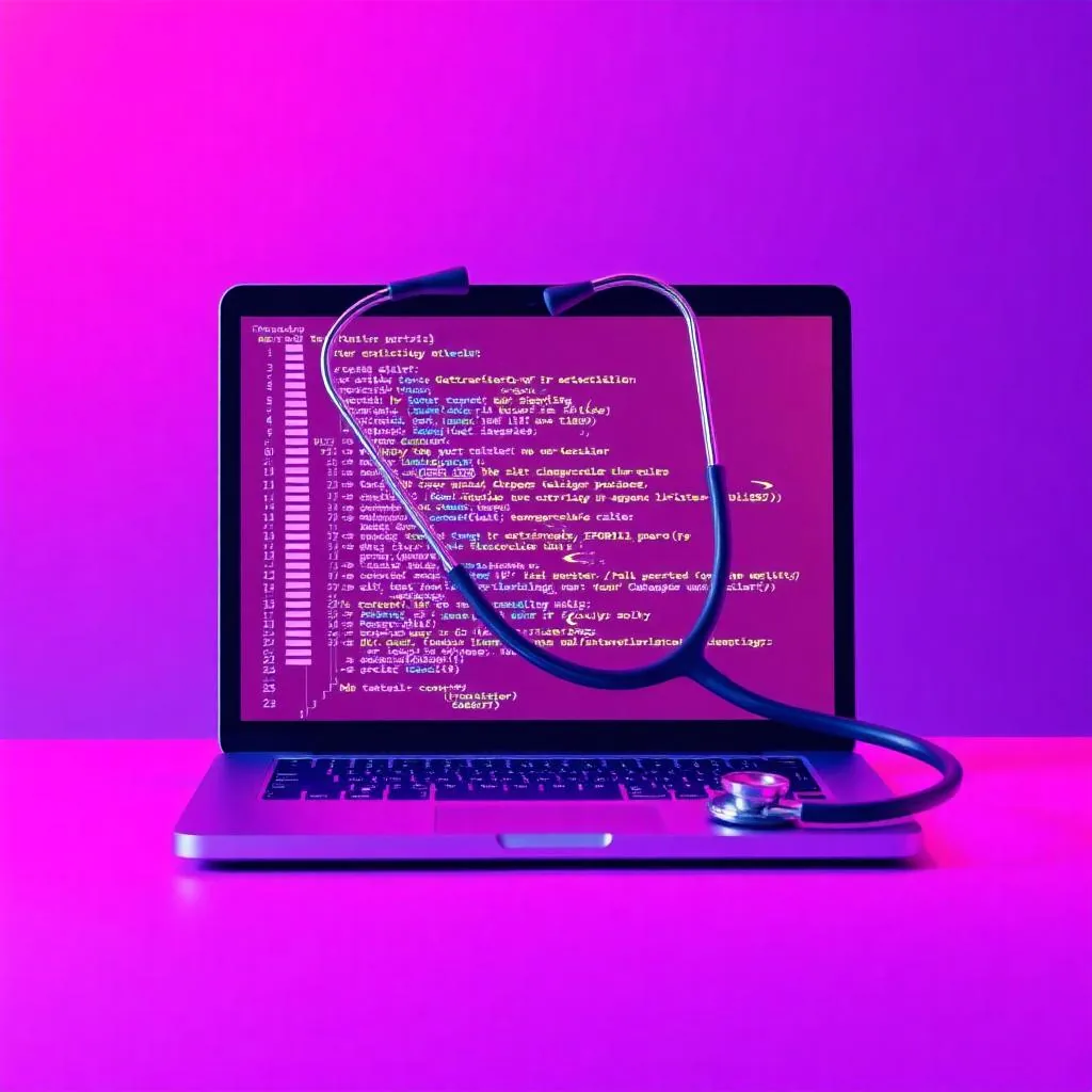Stetoscopio appoggiato su un laptop con codice: metafora dell'audit tecnico su app costruite in vibe coding