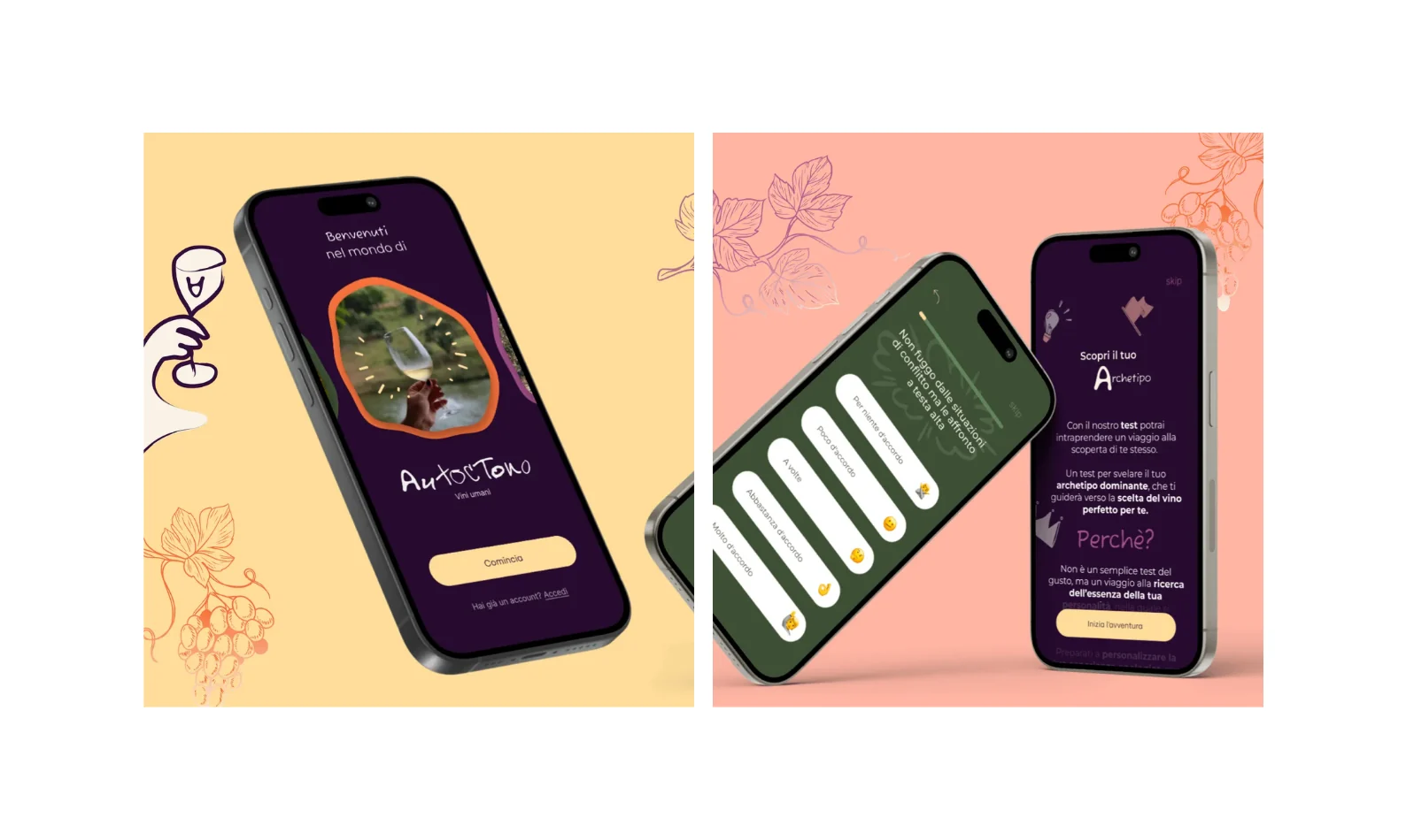 L'app Autoctono su smartphone: onboarding, questionario enologico e abbinamenti cibo-vino personalizzati sul marketplace del vino.