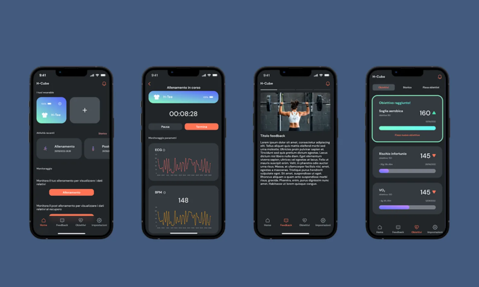 Le schermate dell'app HCube: la patch H-Tee collegata e carica, l'allenamento in corso con il tracciato ECG e i battiti al minuto che scorrono in tempo reale, la scheda di feedback e la pagina degli obiettivi con soglia aerobica, rischio infortuni e VO2.