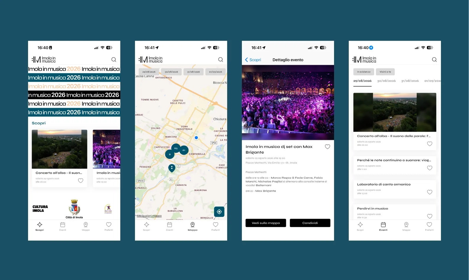 Le schermate dell'app di Imola in Musica: la home Scopri con gli eventi del giorno, la mappa del centro storico con i concerti raggruppati per zona e i filtri per data, il dettaglio di un evento con luogo, orari e artisti sul palco, e l'elenco eventi con i filtri In evidenza e Vicini a te e il cuore per salvarli nei preferiti.