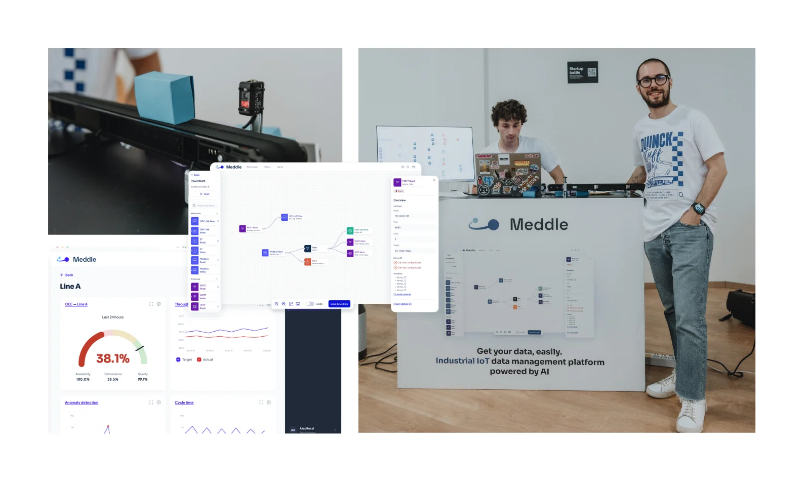 Meddle, la piattaforma Industrial IoT di Quinck: configurazione drag-and-drop dei data flow, sensore installato in produzione e dashboard OEE.