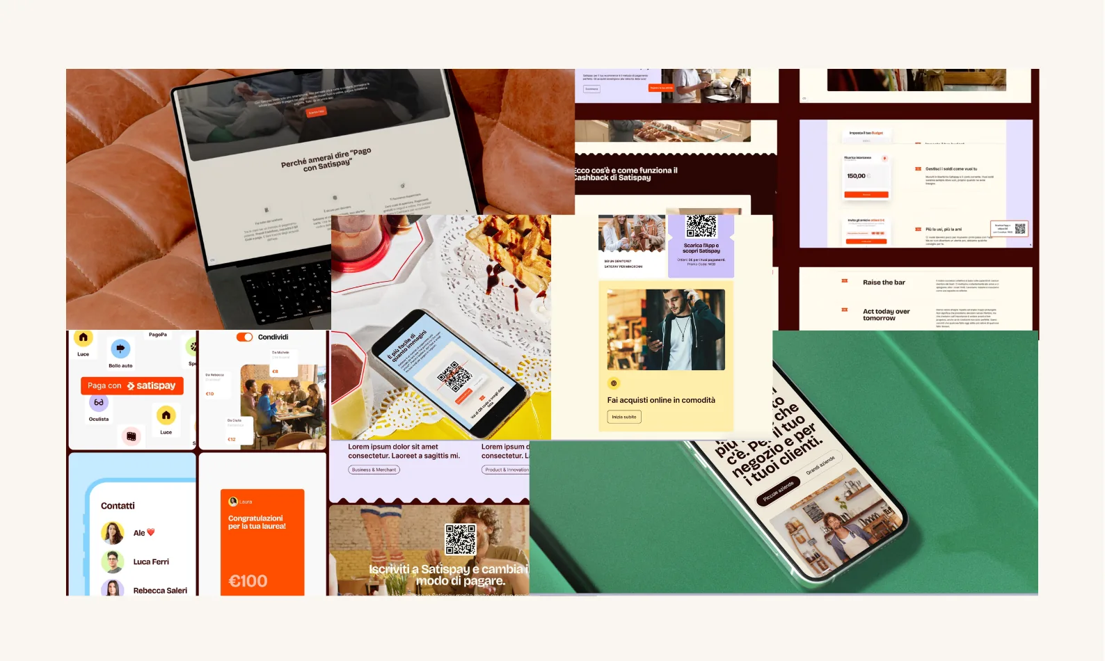 Collage della corporate webapp di Satispay: app di pagamento, pagine prodotto su desktop e mobile, QR code e sezioni dedicate ai merchant.