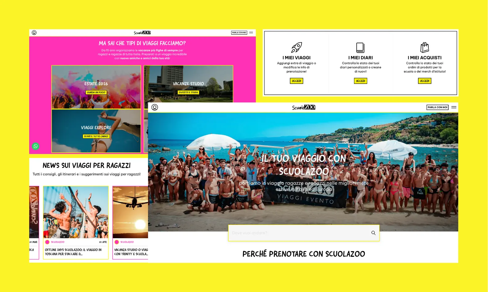 Il portale ScuolaZoo: catalogo dei viaggi evento e delle vacanze studio, area personale con viaggi, diari e acquisti, e la home delle news sui viaggi per ragazzi.