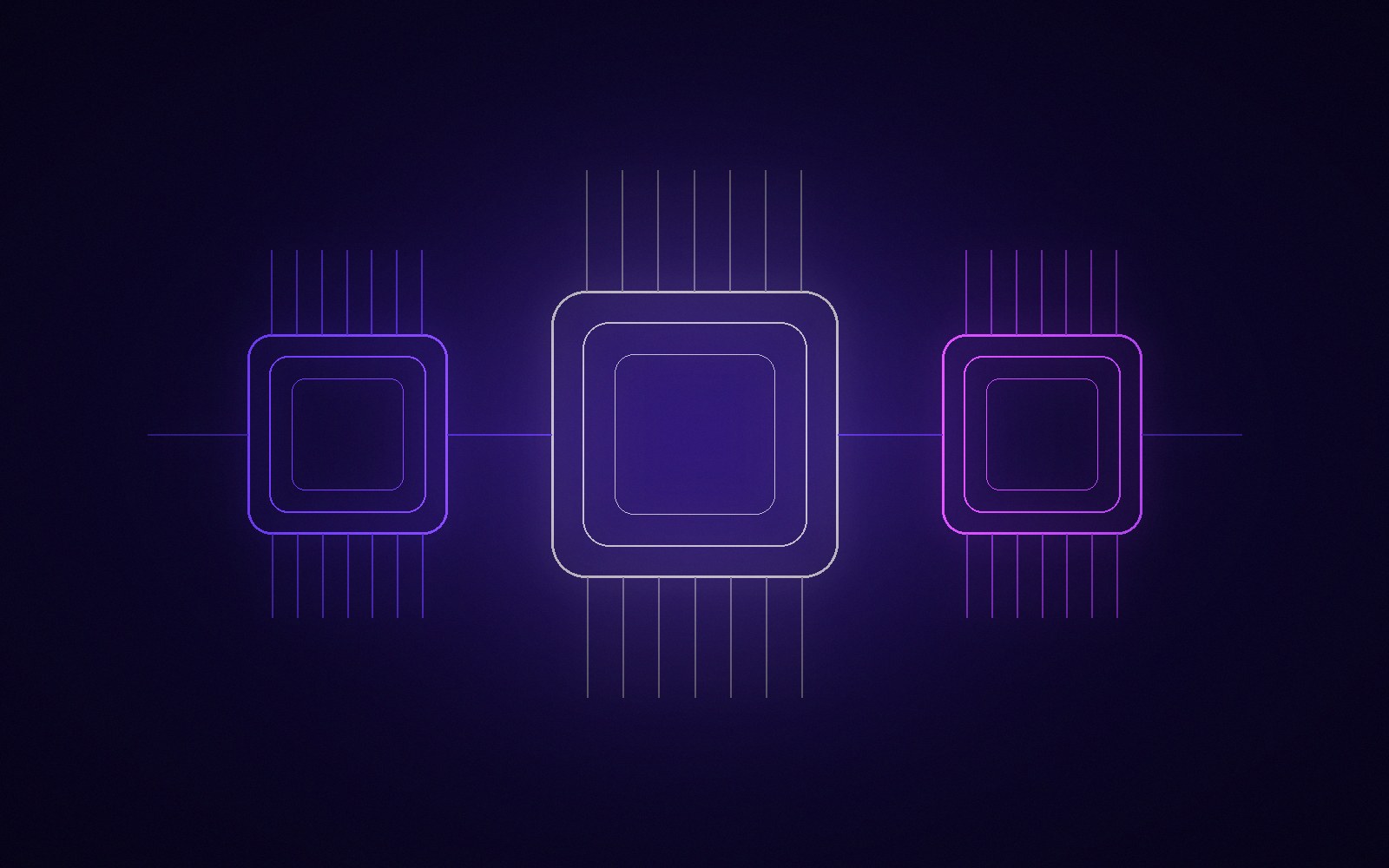 Tre die di silicio stilizzati e luminosi collegati da un bus su fondo indaco: metafora dello spostamento della competizione AI dal modello al chip