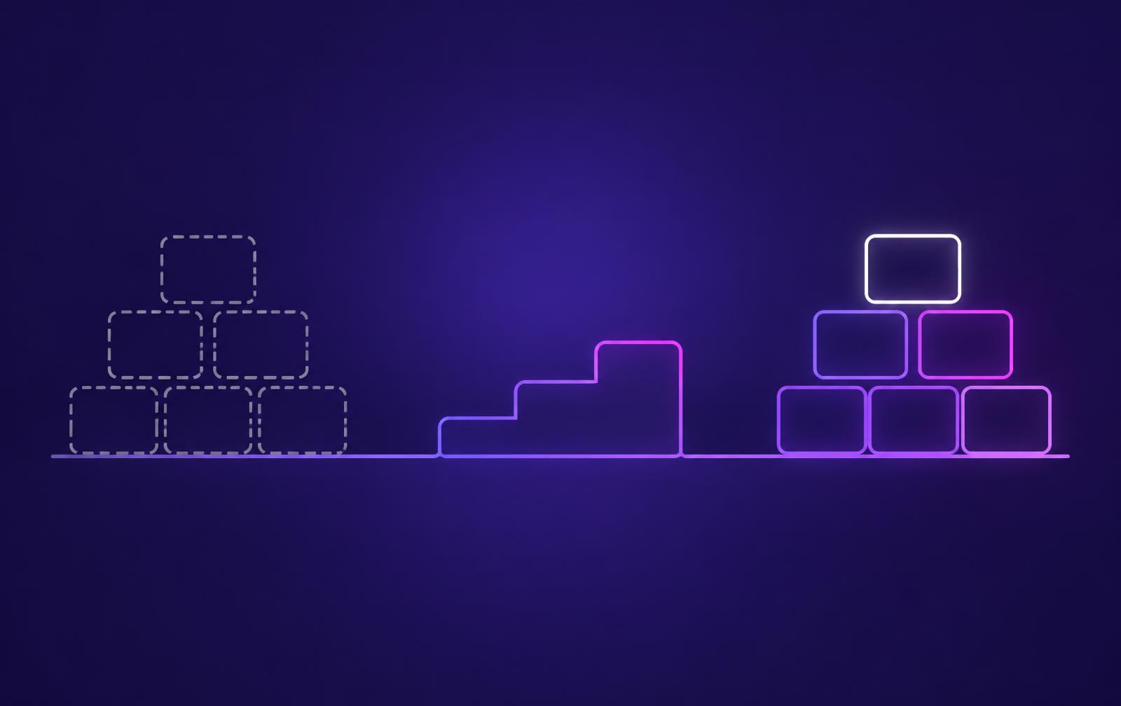 Dashed blocks on the left, a three-step staircase in the middle and the same blocks lit up on the right: digital transformation one step at a time