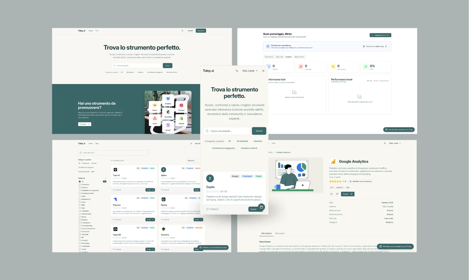 Il marketplace Tulsy dei tool SaaS: ricerca per parole chiave, schede prodotto con recensioni e dashboard delle aziende.